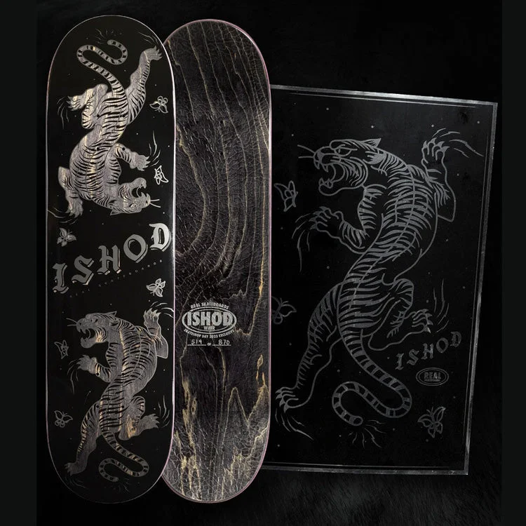 Skateboard Deck With Custom Graphics-Real Skate Shop Day Day Ishod Twin Tail Skateboard Deck - 8.38 (Blacked Out)